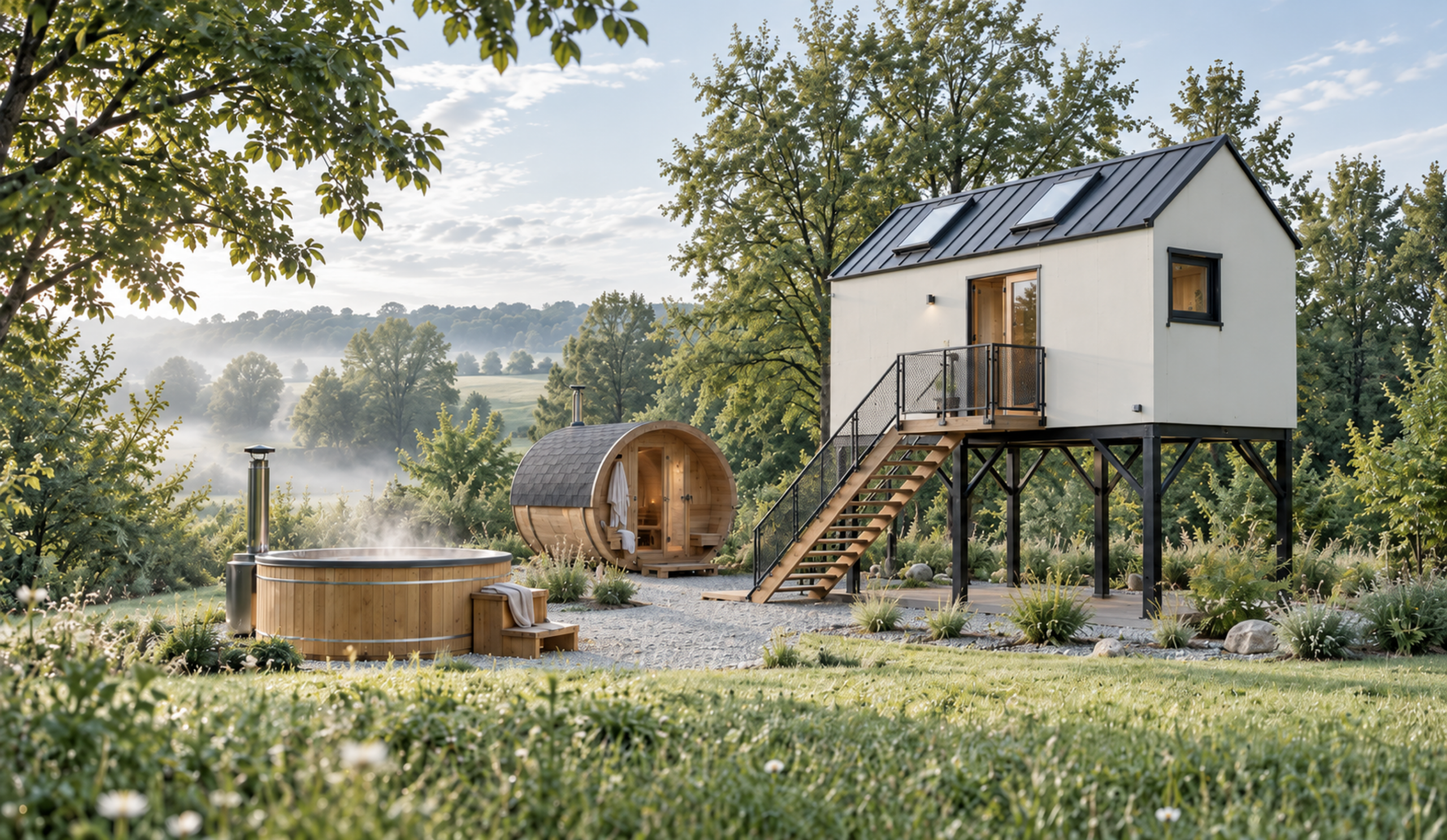 Glamping domek na pilířích se saunou a vířivým sudem v zeleni